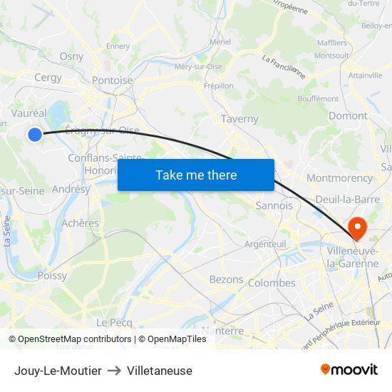 Jouy-Le-Moutier to Villetaneuse map
