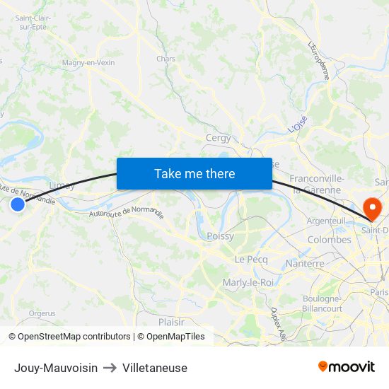 Jouy-Mauvoisin to Villetaneuse map