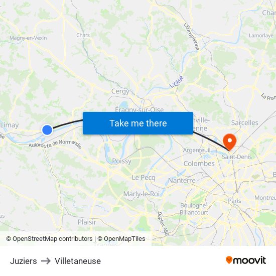 Juziers to Villetaneuse map