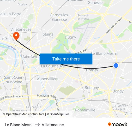 Le Blanc-Mesnil to Villetaneuse map