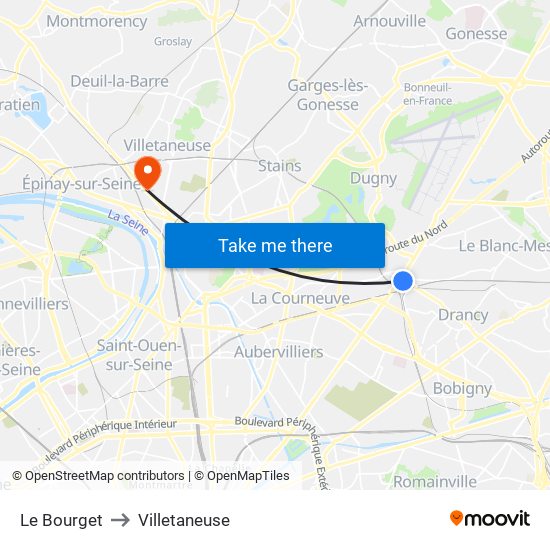 Le Bourget to Villetaneuse map