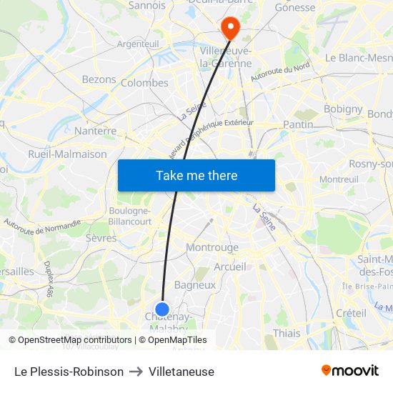 Le Plessis-Robinson to Villetaneuse map