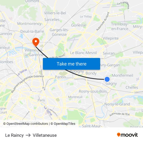 Le Raincy to Villetaneuse map