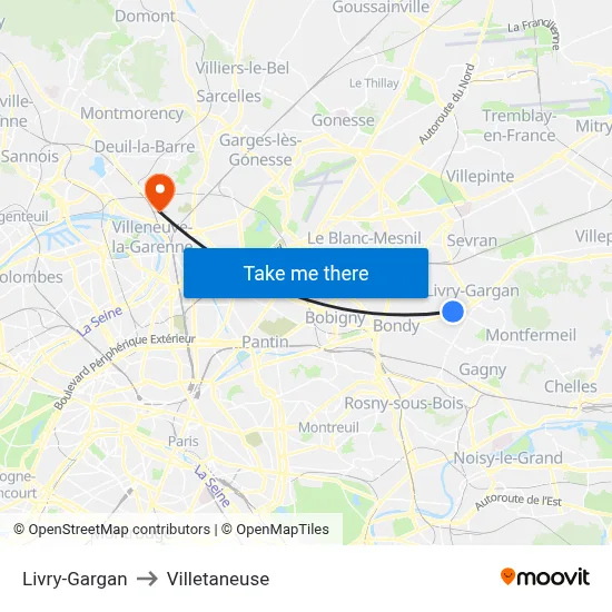 Livry-Gargan to Villetaneuse map