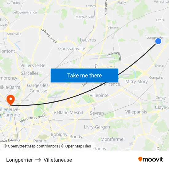 Longperrier to Villetaneuse map
