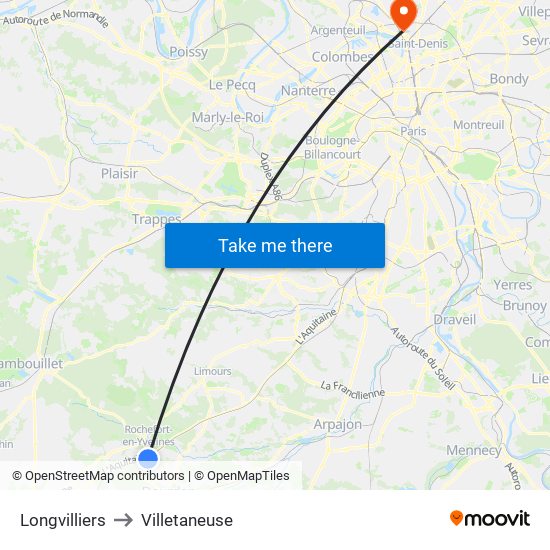 Longvilliers to Villetaneuse map