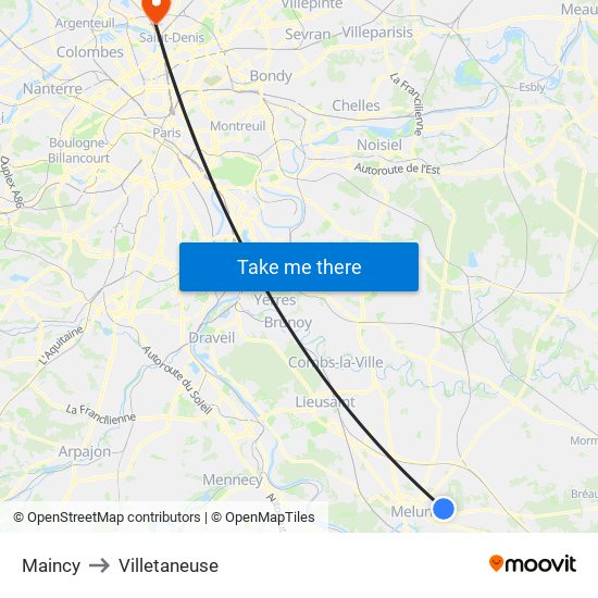 Maincy to Villetaneuse map