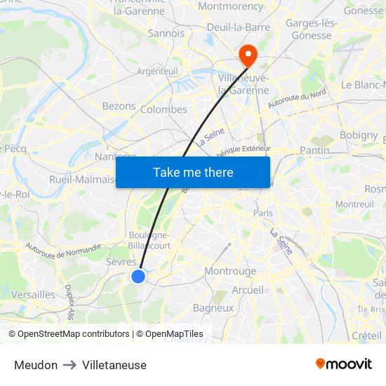 Meudon to Villetaneuse map