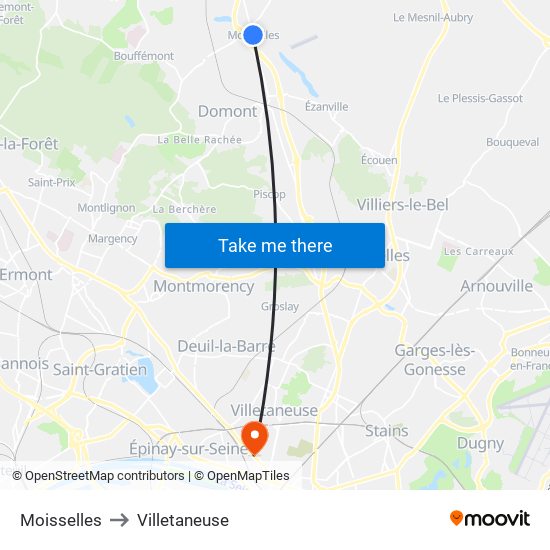 Moisselles to Villetaneuse map