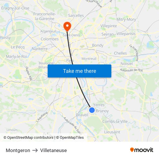 Montgeron to Villetaneuse map