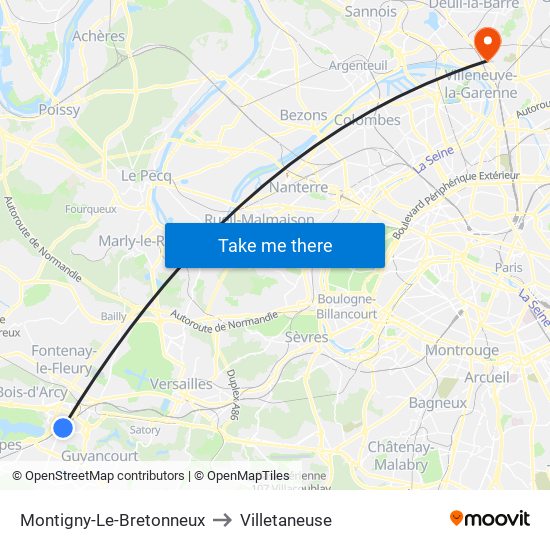 Montigny-Le-Bretonneux to Villetaneuse map