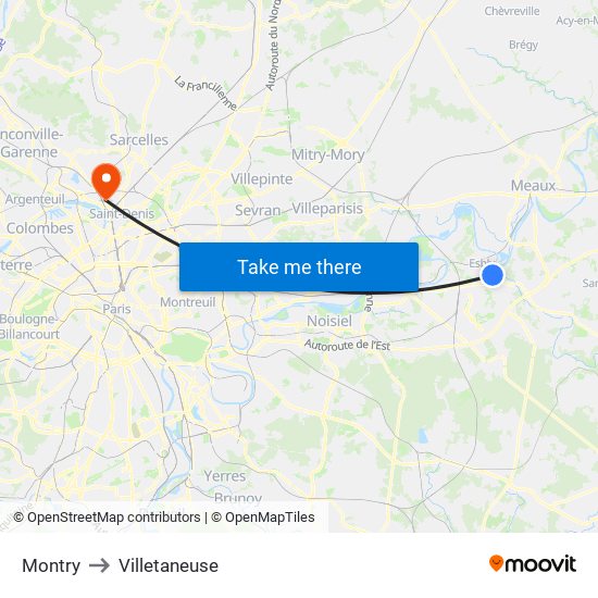 Montry to Villetaneuse map