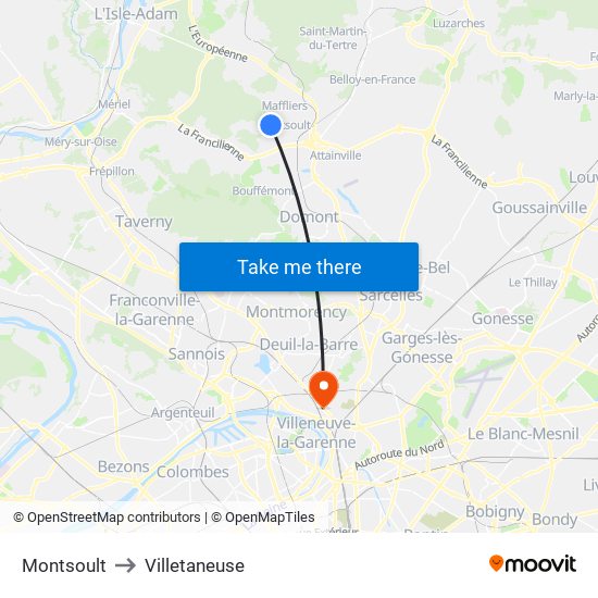 Montsoult to Villetaneuse map