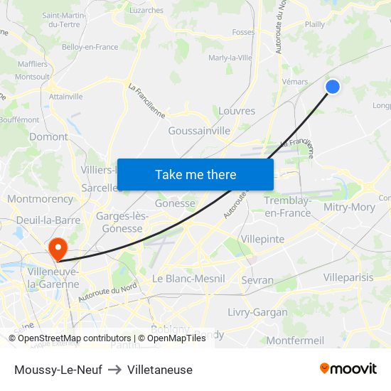 Moussy-Le-Neuf to Villetaneuse map