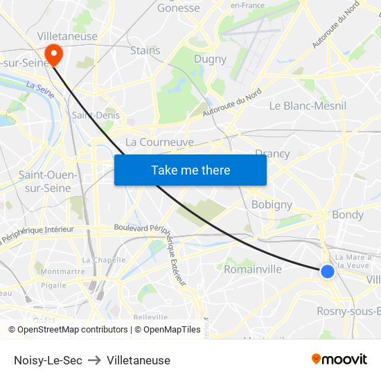 Noisy-Le-Sec to Villetaneuse map