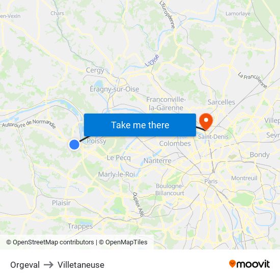 Orgeval to Villetaneuse map