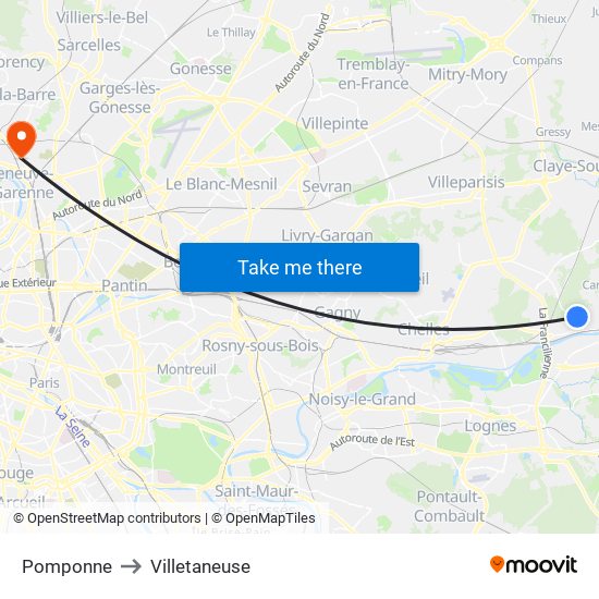 Pomponne to Villetaneuse map