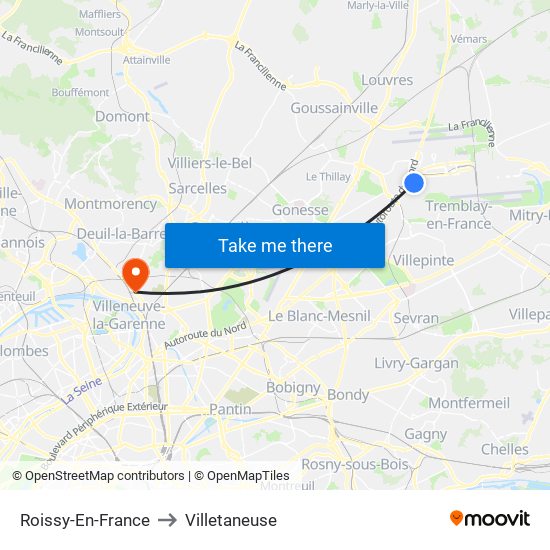 Roissy-En-France to Villetaneuse map