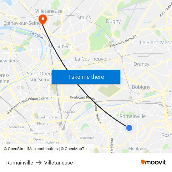 Romainville to Villetaneuse map