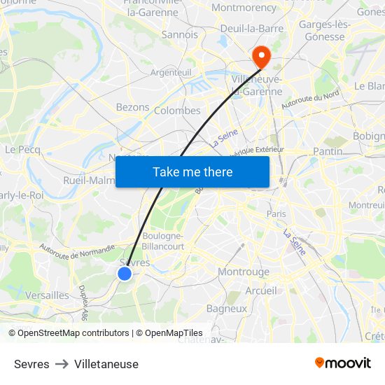 Sevres to Villetaneuse map