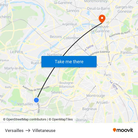 Versailles to Villetaneuse map
