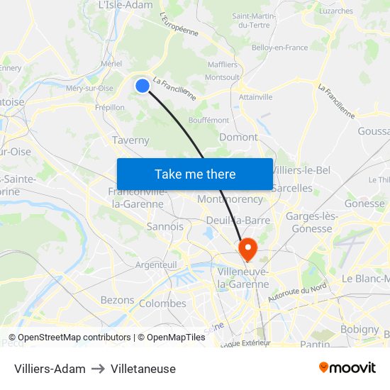 Villiers-Adam to Villetaneuse map
