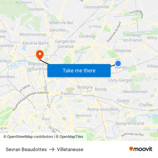 Sevran Beaudottes to Villetaneuse map