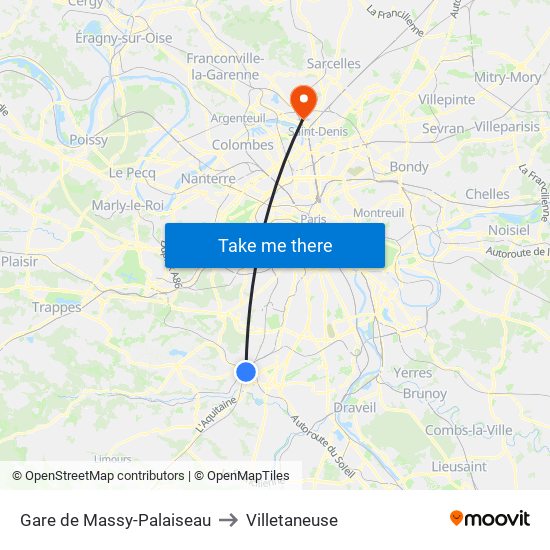 Gare de Massy-Palaiseau to Villetaneuse map