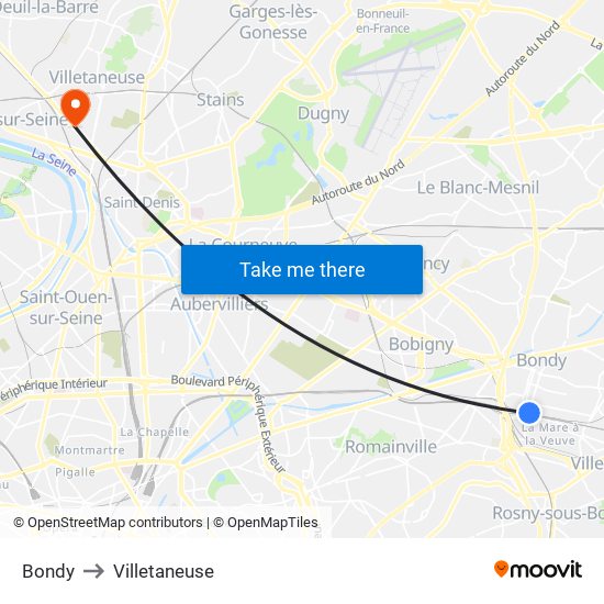 Bondy to Villetaneuse map