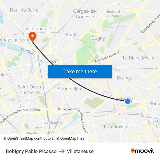 Bobigny Pablo Picasso to Villetaneuse map