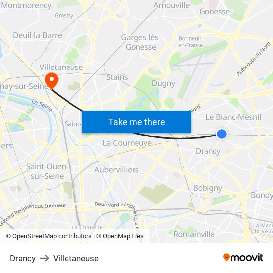 Drancy to Villetaneuse map