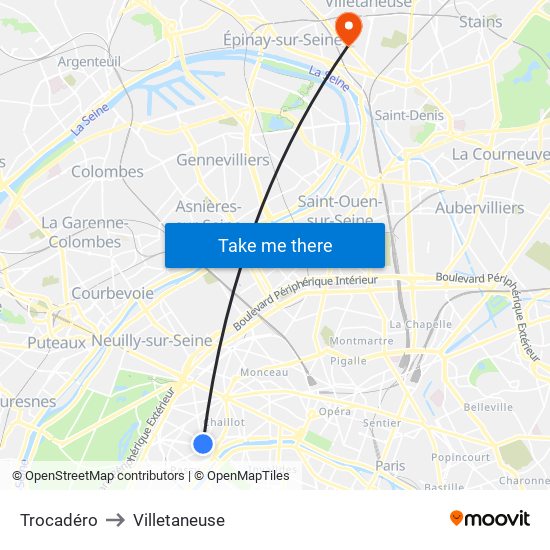 Trocadéro to Villetaneuse map