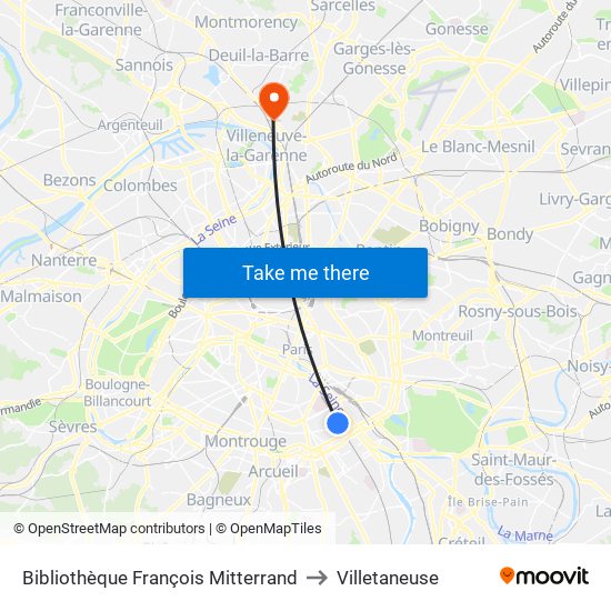 Bibliothèque François Mitterrand to Villetaneuse map