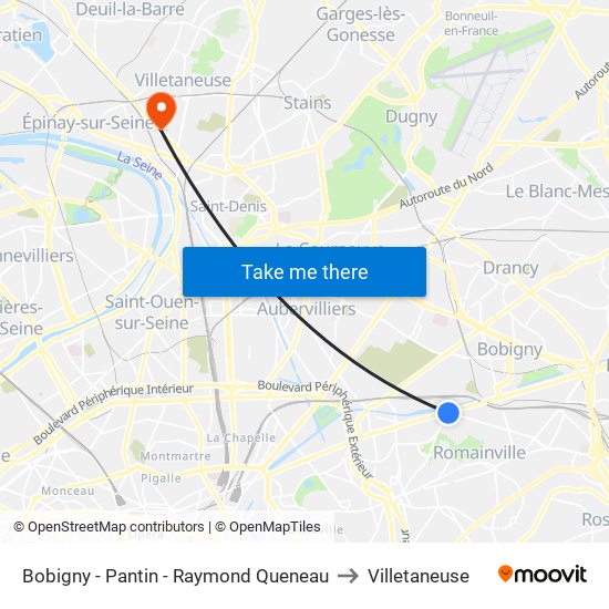 Bobigny - Pantin - Raymond Queneau to Villetaneuse map