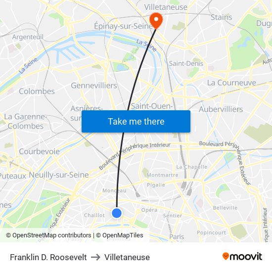 Franklin D. Roosevelt to Villetaneuse map