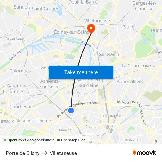 Porte de Clichy to Villetaneuse map