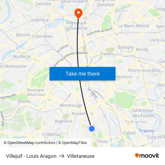 Villejuif - Louis Aragon to Villetaneuse map