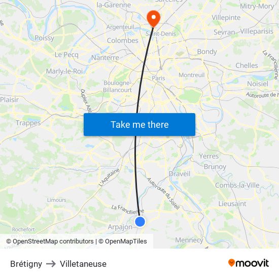 Brétigny to Villetaneuse map
