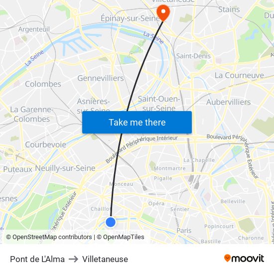 Pont de L'Alma to Villetaneuse map
