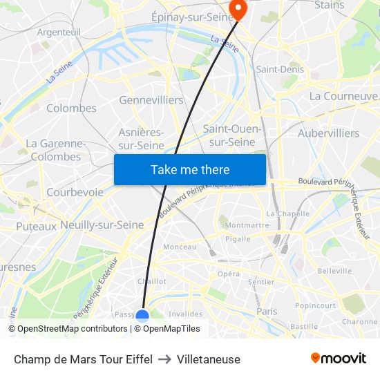 Champ de Mars Tour Eiffel to Villetaneuse map