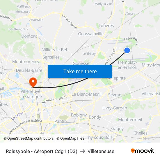Roissypole - Aéroport Cdg1 (D3) to Villetaneuse map