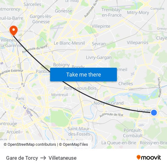 Gare de Torcy to Villetaneuse map