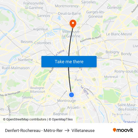 Denfert-Rochereau - Métro-Rer to Villetaneuse map