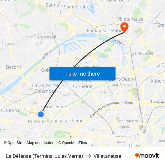 La Défense (Terminal Jules Verne) to Villetaneuse map
