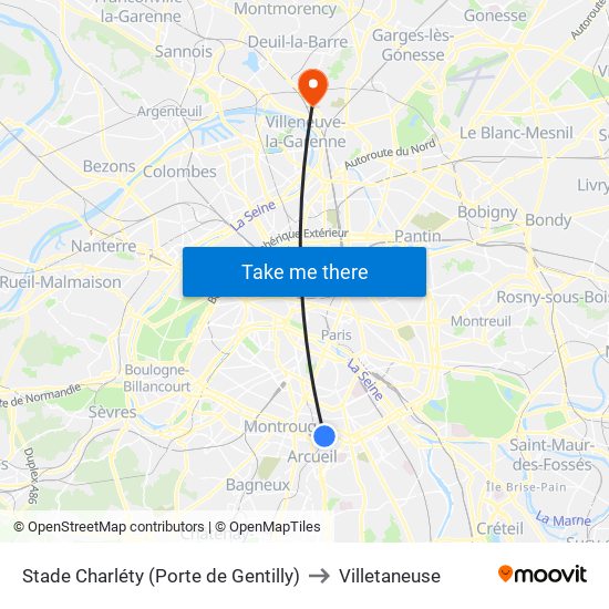 Stade Charléty (Porte de Gentilly) to Villetaneuse map