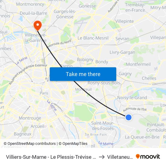 Villiers-Sur-Marne - Le Plessis-Trévise RER to Villetaneuse map