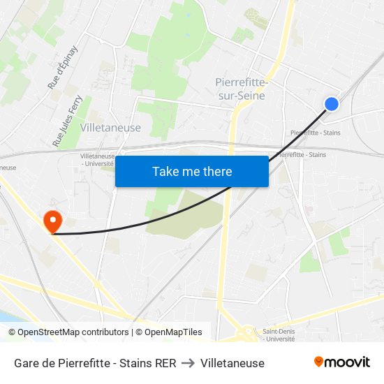 Gare de Pierrefitte - Stains RER to Villetaneuse map