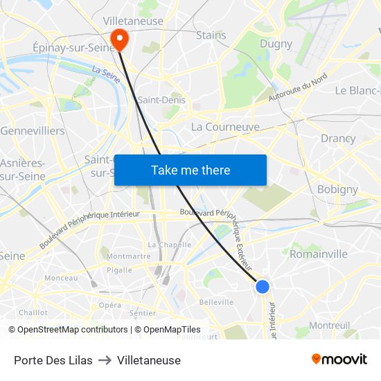Porte Des Lilas to Villetaneuse map