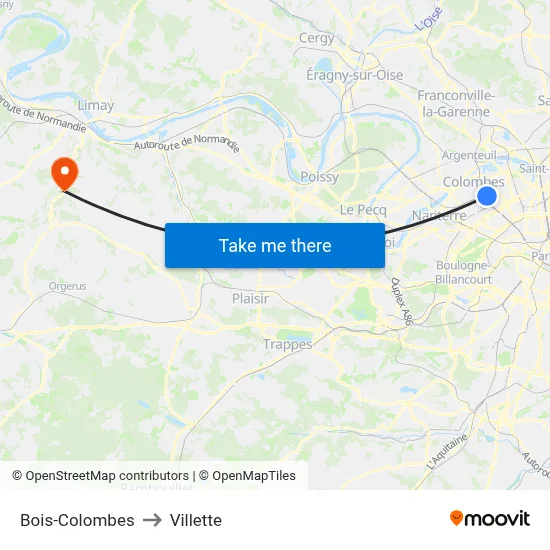 Bois-Colombes to Villette map