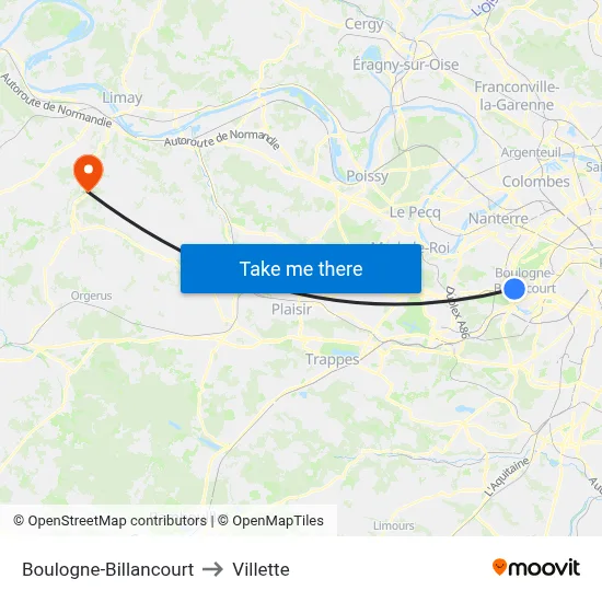 Boulogne-Billancourt to Villette map
